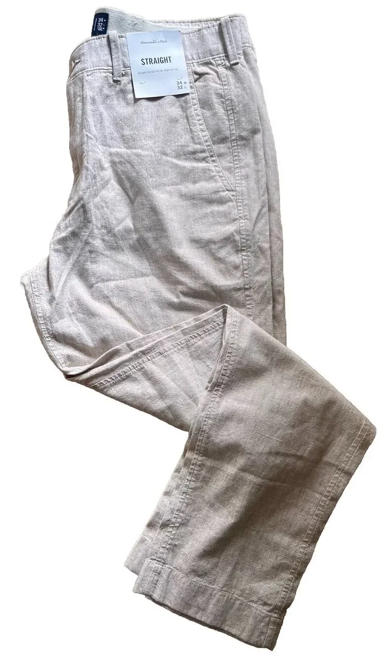 Abercrombie & Fitch Straight Linen Blend Pants NWT Men's 34x32 Oatmeal Stretch